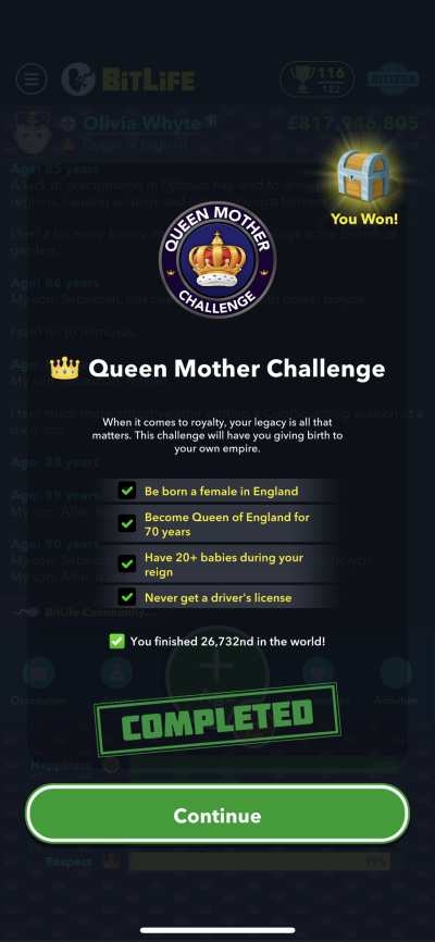 bitlife queen mother challenge requirements