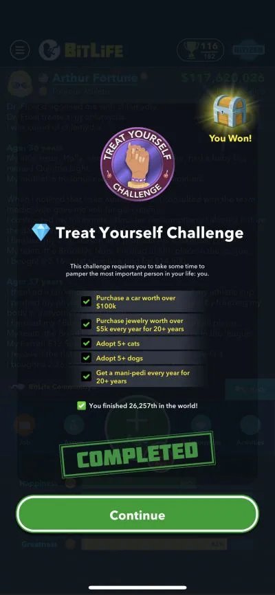 bitlife treat yourself challenge requirements