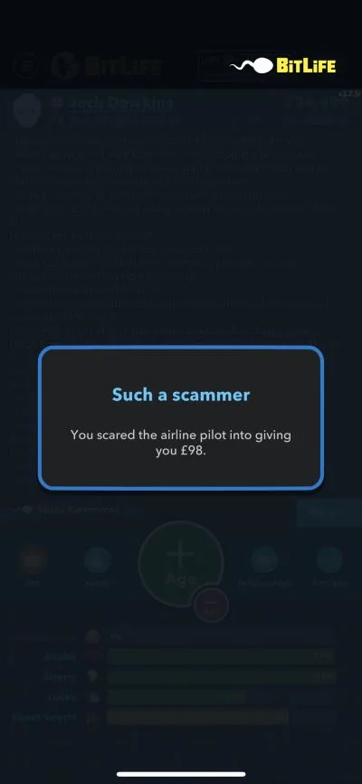 scamming an airline pilot in bitlife
