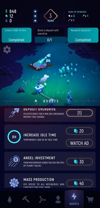 exominer idle miner universe boosts list