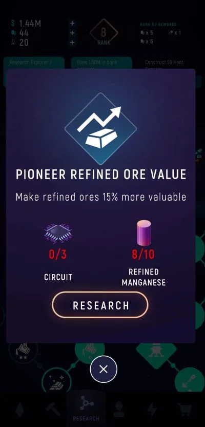 exominer idle miner universe pioneer refined ore value