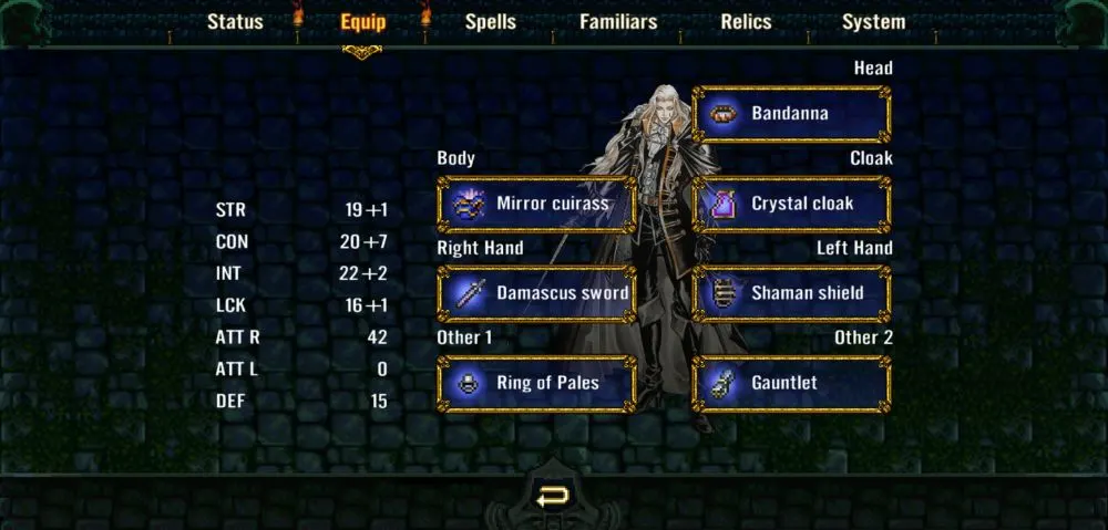 castlevania symphony of the night equip screen