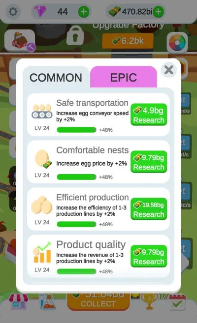idle egg factory research