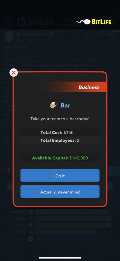 taking team to a bar in bitlife