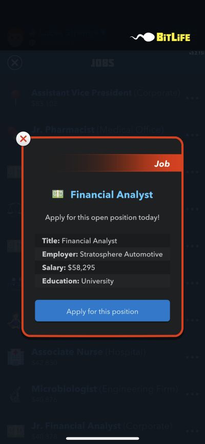 bitlife financial analyst job