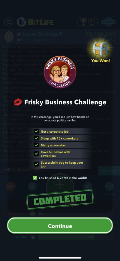 bitlife frisky business challenge requirements