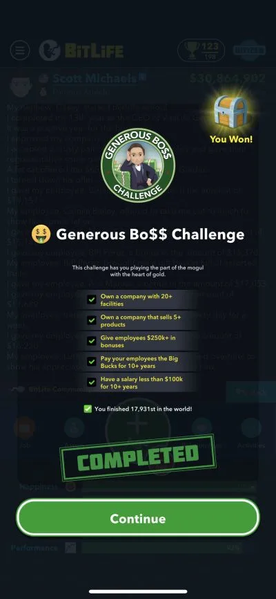 bitlife generous boss challenge requirements