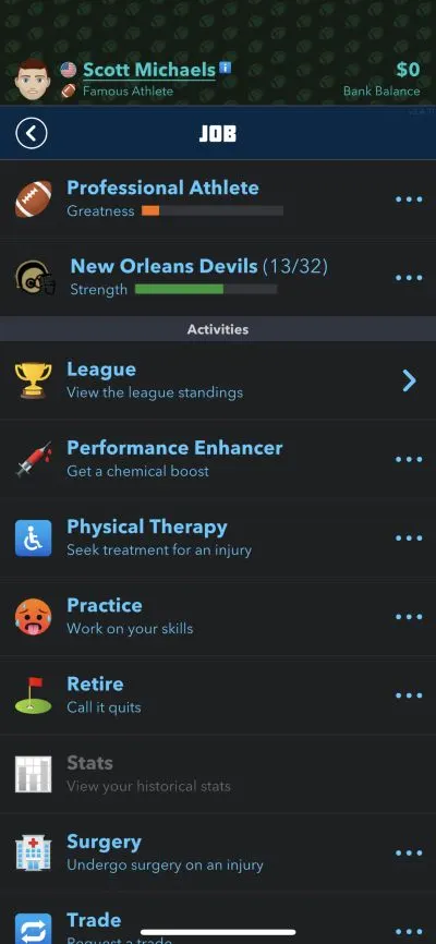 professional athlete job in bitlife