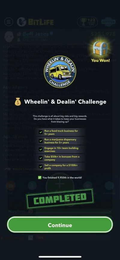 bitlife wheelin' and dealin' challenge requirements