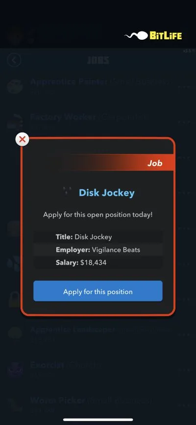 applying for disk jockey job in bitlife
