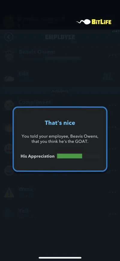 complimenting an employee in bitlife