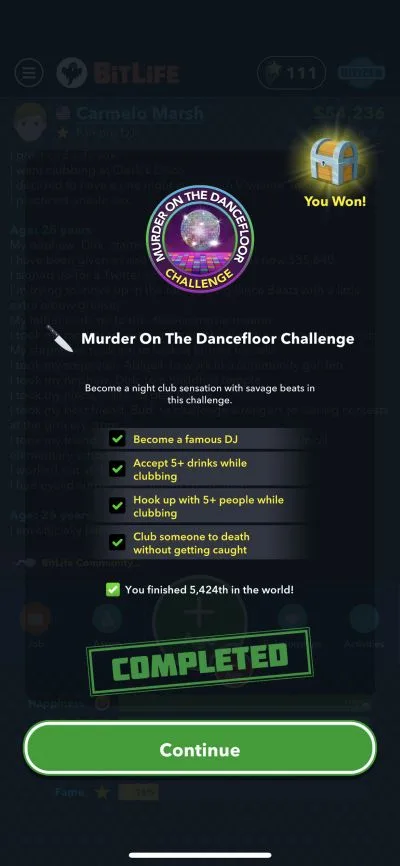 bitlife murder on the dancefloor challenge requirements