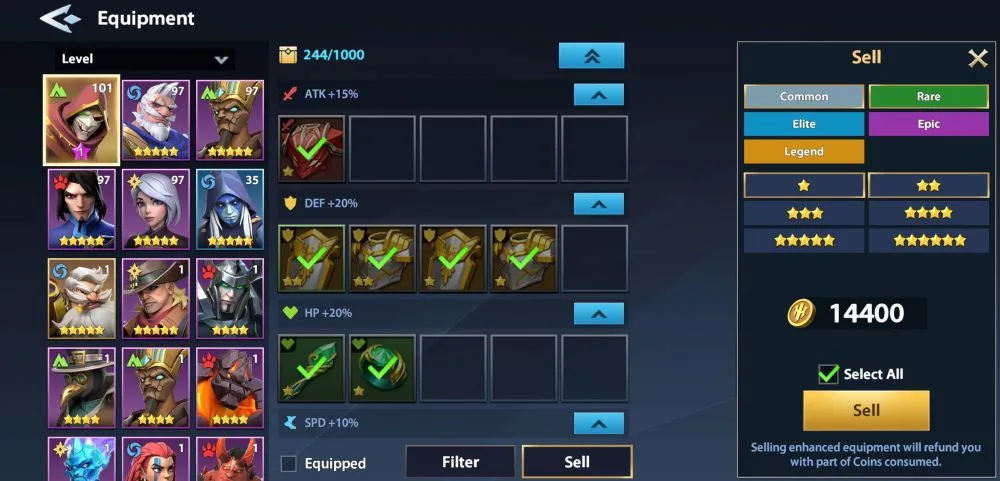 selling enhanced equipment in infinite magicraid