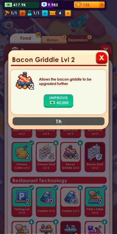 idle burger empire tycoon bacon griddle