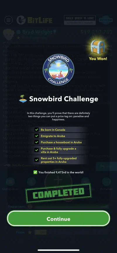 bitlife snowbird challenge requirements