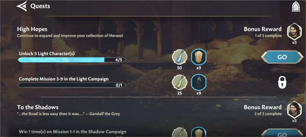 the lord of the rings heroes of middle earth daily objectives