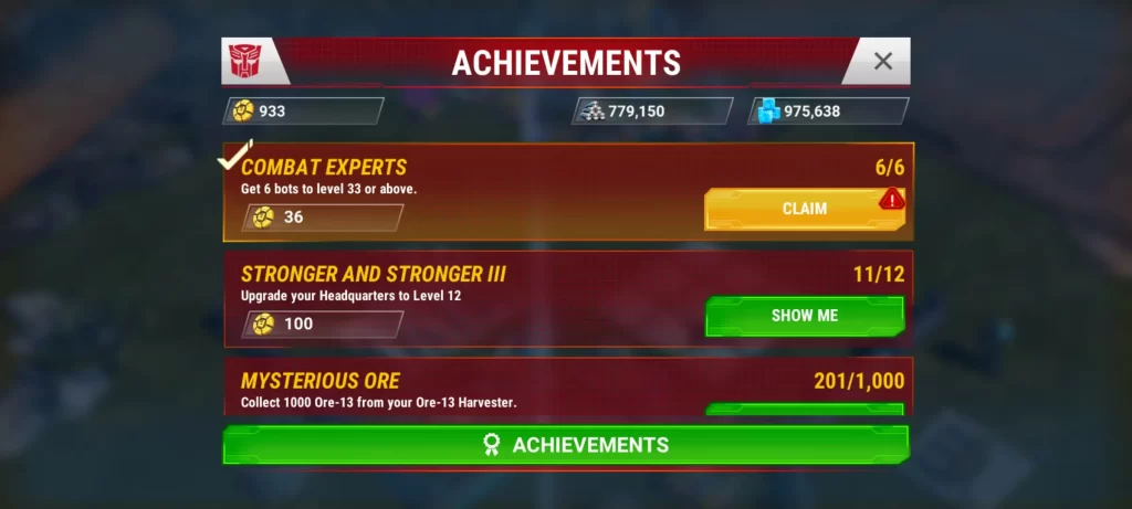 transformers earth wars achievements coins